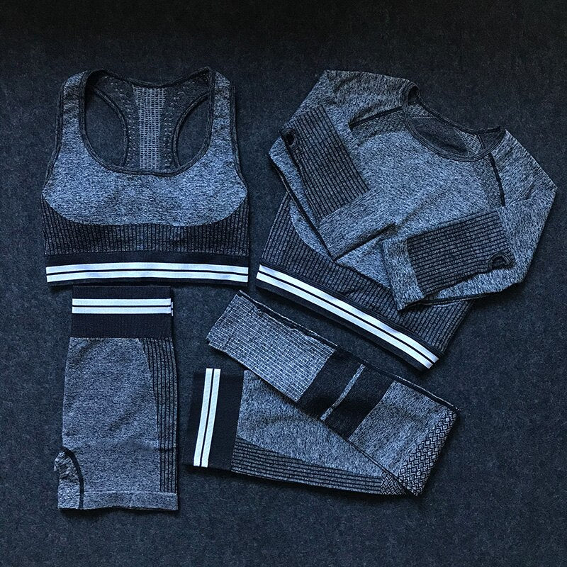 4Pcs Women Vital Seamless Yoga Set Sports Bra+Crop Top Shirts+Shorts+High Waist Leggings Gym Clothing Sports Wear For Women