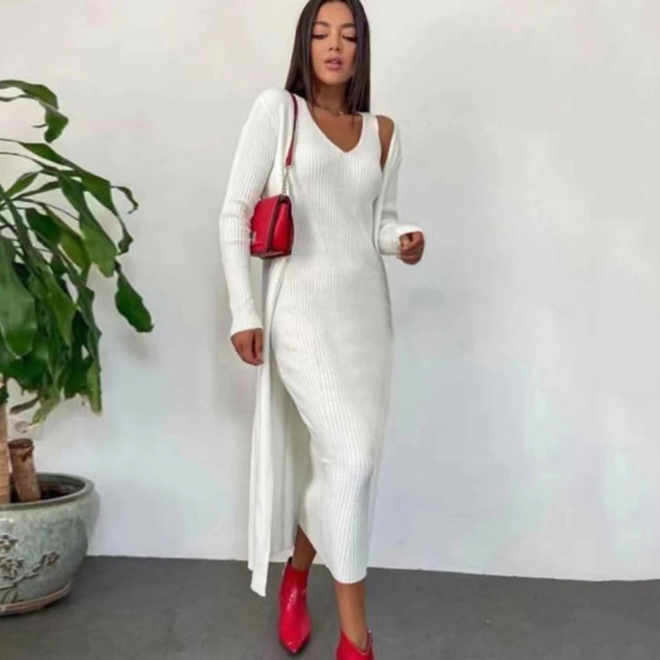 Casual Knit Sling Dress Set V-neck Long Sleeve Loose Long Cardigan Jacket & Midi Dress Two-piece Set