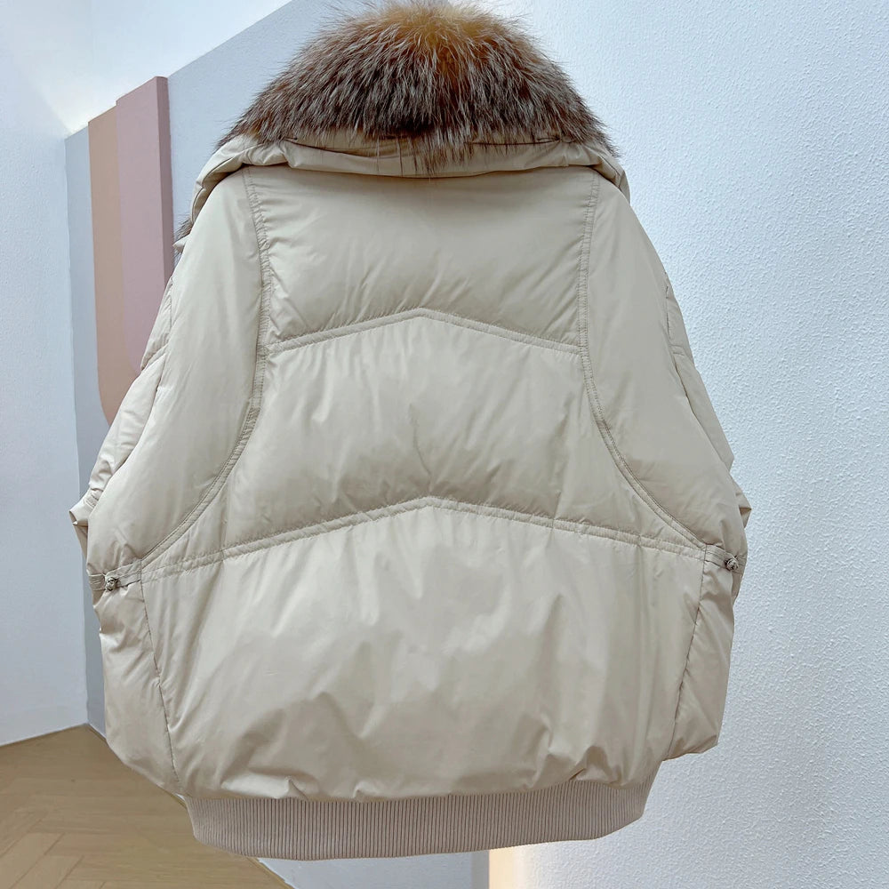 Janveny Natural Silver Fox Fur Collar Women's White Duck Down Jacket Luxury Brand Short Puffer Coat Thick Warm Female Parkas