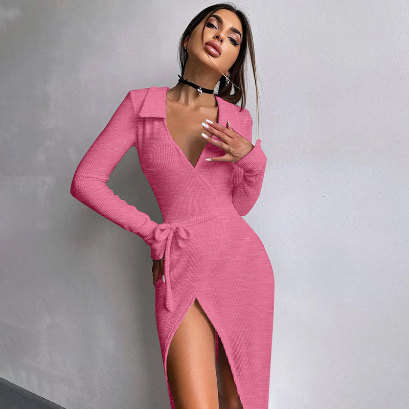 New Long Sleeve Dress Sexy Bag Hip Tie Rope Waist Split Long Dress