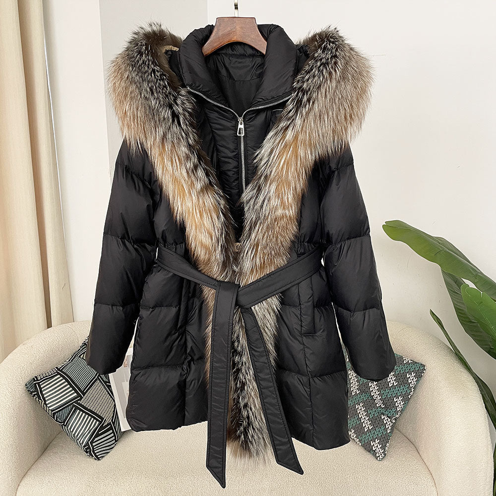 Hooded down jacket women's fox fur collar