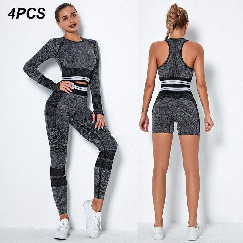 4Pcs Women Vital Seamless Yoga Set Sports Bra+Crop Top Shirts+Shorts+High Waist Leggings Gym Clothing Sports Wear For Women