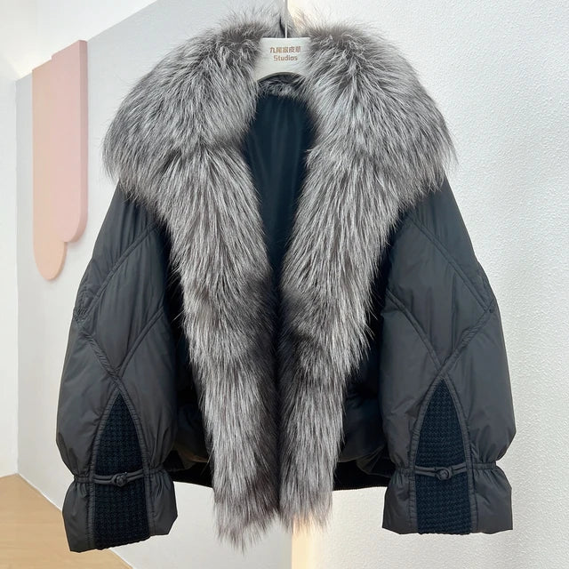 Janveny Natural Silver Fox Fur Collar Women's White Duck Down Jacket Luxury Brand Short Puffer Coat Thick Warm Female Parkas