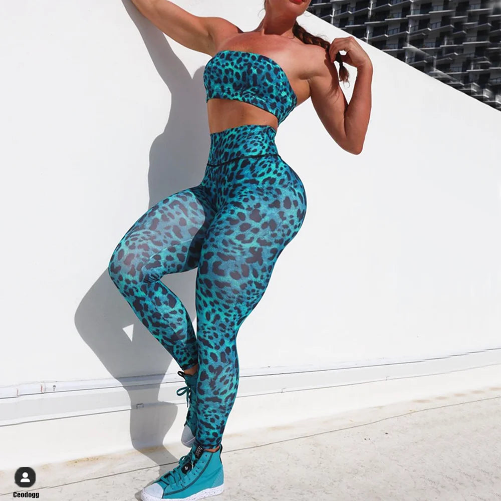 Nylon  Tube Bra Tracksuits Women Leopard print Yoga Set Sports Suit Women Lounge Wear Crop Tops Sexy Women Leggings