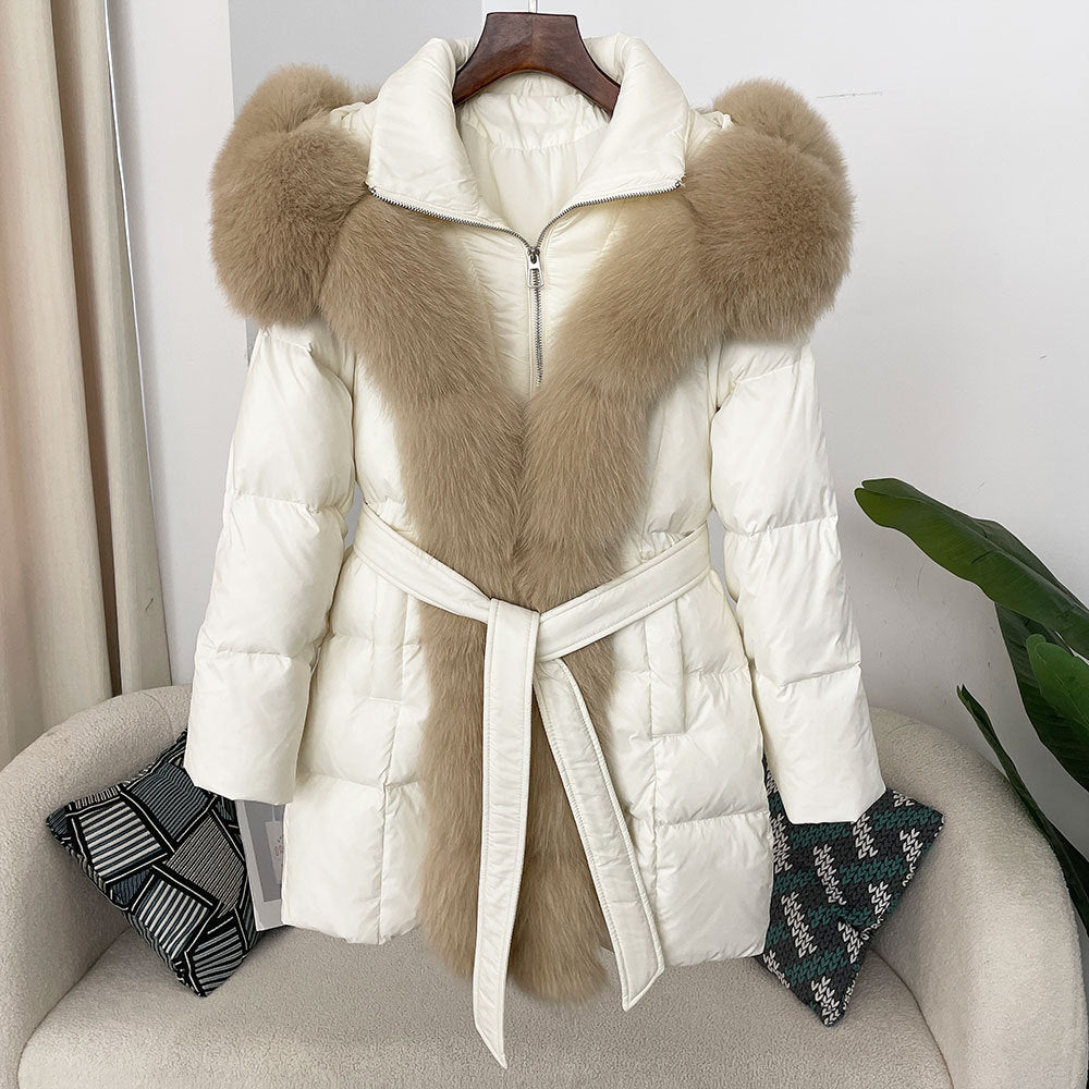 Hooded down jacket women's fox fur collar