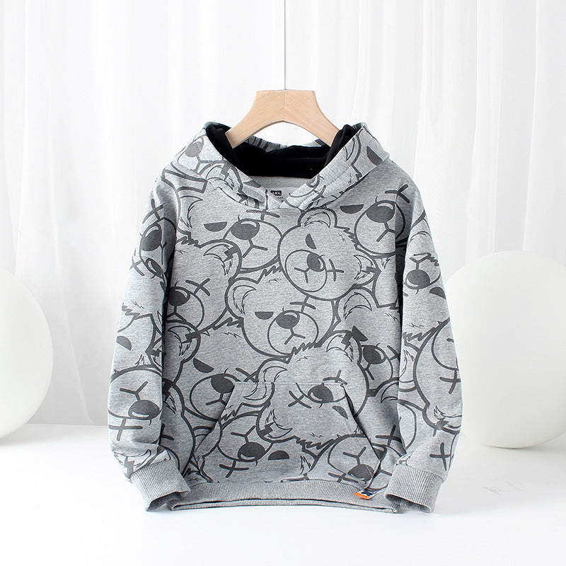 Children's Clothing Autumn And Winter Korean New Hooded Sweater Middle Aged Children's Full Printed Bear Long Sleeved Boy's Sweater