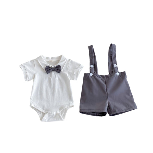 Summer baby hoodie tie suspender shorts two-piece set for gentlemen's one month and one year old dress suspender pants