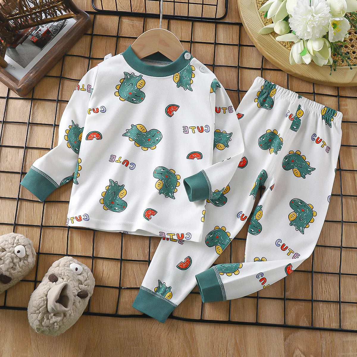 Boys Girls Pajama Sets Cartoon Print Long Sleeve Cute T-Shirt Tops with Pants Toddler Baby Spring Autumn Sleeping Clothes