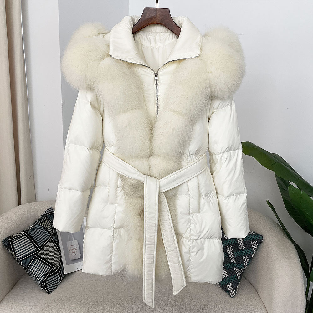 Hooded down jacket women's fox fur collar