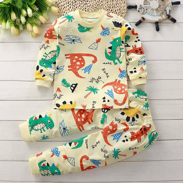 hibobi 2pcs Autumn Children's Pajamas Set Children's Clothing Dinosaur Pattern Pure Cotton Crew Neck Underwear Home Clothes Set