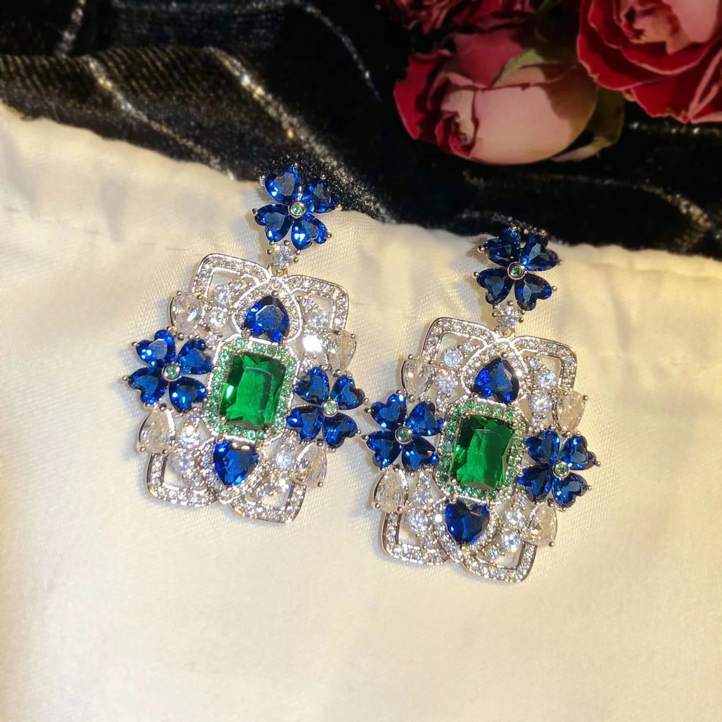 Sapphire Flower Square Brand Heavy Industry Zircon Earrings S925 Silver Needle Earrings Luxury Zircon Earrings