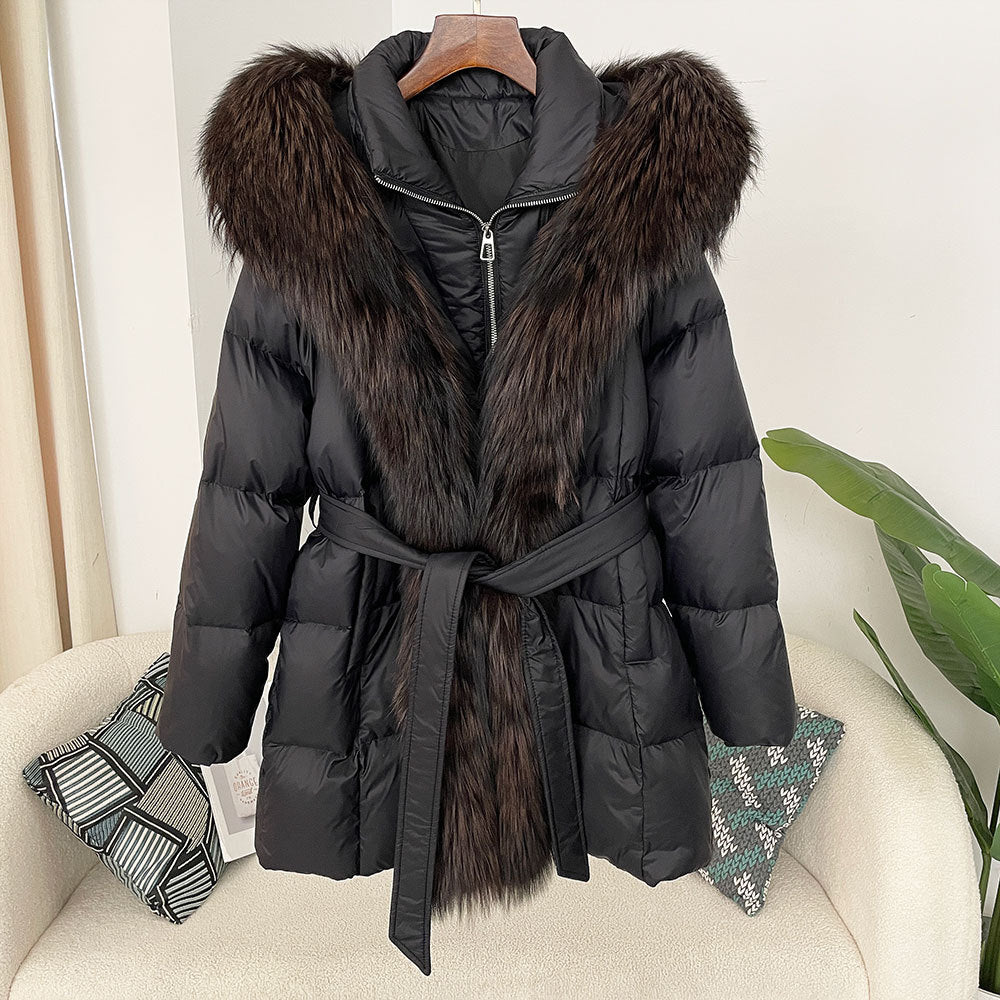 Hooded down jacket women's fox fur collar