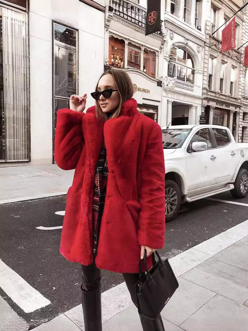 Fur plush warm casual loose jacket with thick collar and fur coat