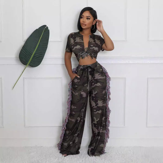 Sexy European and American crop top with high waist, tassel pockets, wide leg pants, camouflage suit